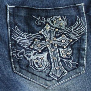 ZCO Blue Fade Cross And Angel Wings Embellished Boot Cut Jeans, Size 9